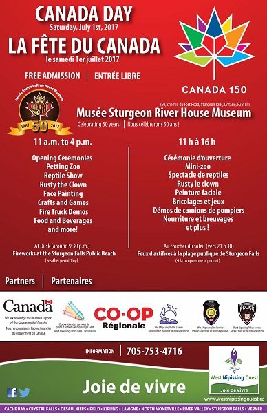 Canada 150 entertainment announced at Sturgeon Falls River House Museum and Public Beach