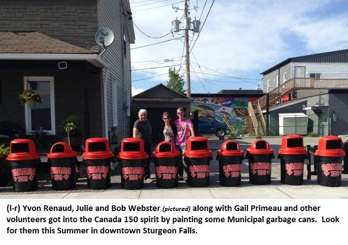 Local volunteers get into Canada 150 spirit by painting several garbage cans in downtown Sturgeon Falls