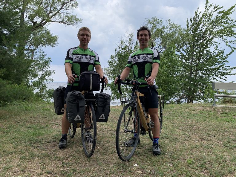 Brothers riding wooden bikes to promote green jobs stop in North Bay