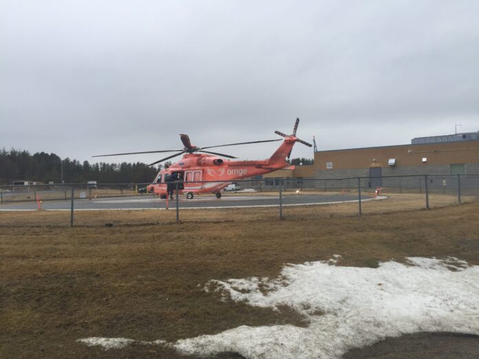 ORNGE helicopter at Espanola Regional Hospital and Health Centre. Photo by Rosalind Russell